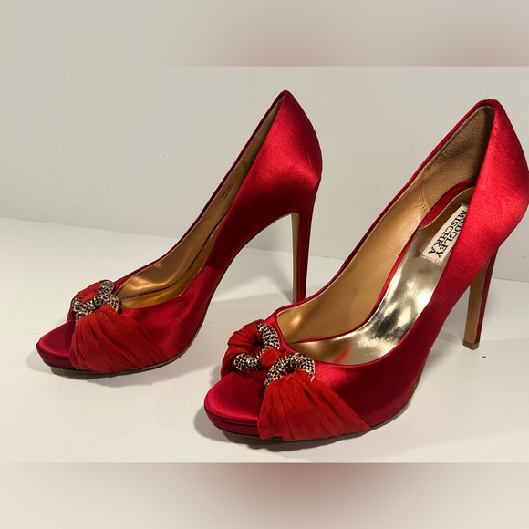 Badgley Mischka Red Satin Crystal Bow Peep Toe Stiletto Heels Size 10 - Picture 9 of 15
